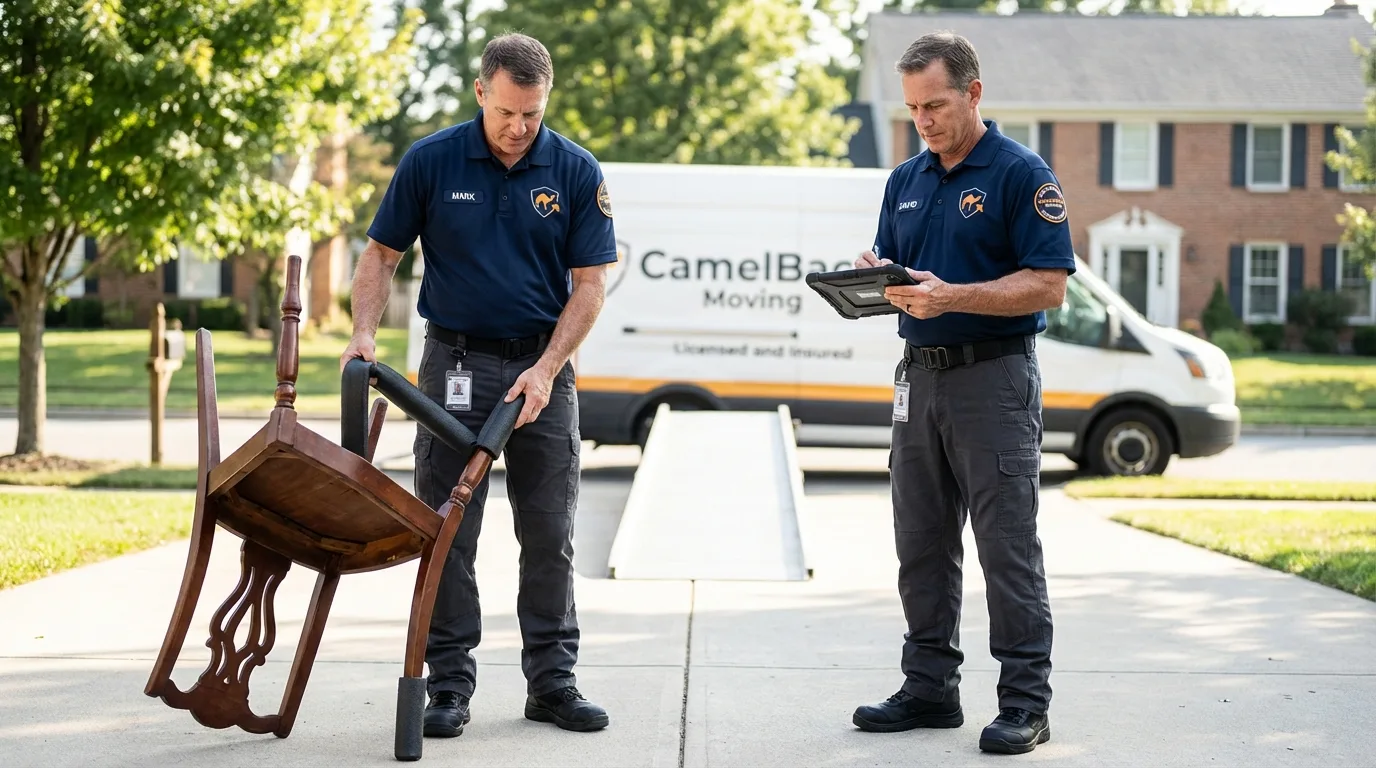 Movers inspecting furniture for damage prevention before loading in Ponchatoula, LA
