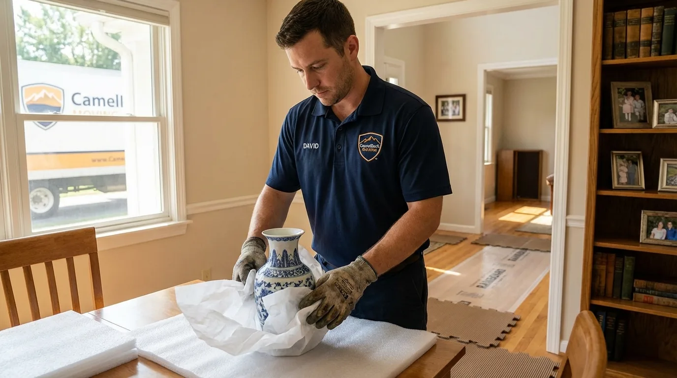 Professional crew carefully wrapping antique vase for senior downsizing move in Ponchatoula, LA